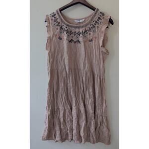 Sonoma Women M Pink Tiered Crinkle Dress Embroidered Boho Sleeveless Cottagecore